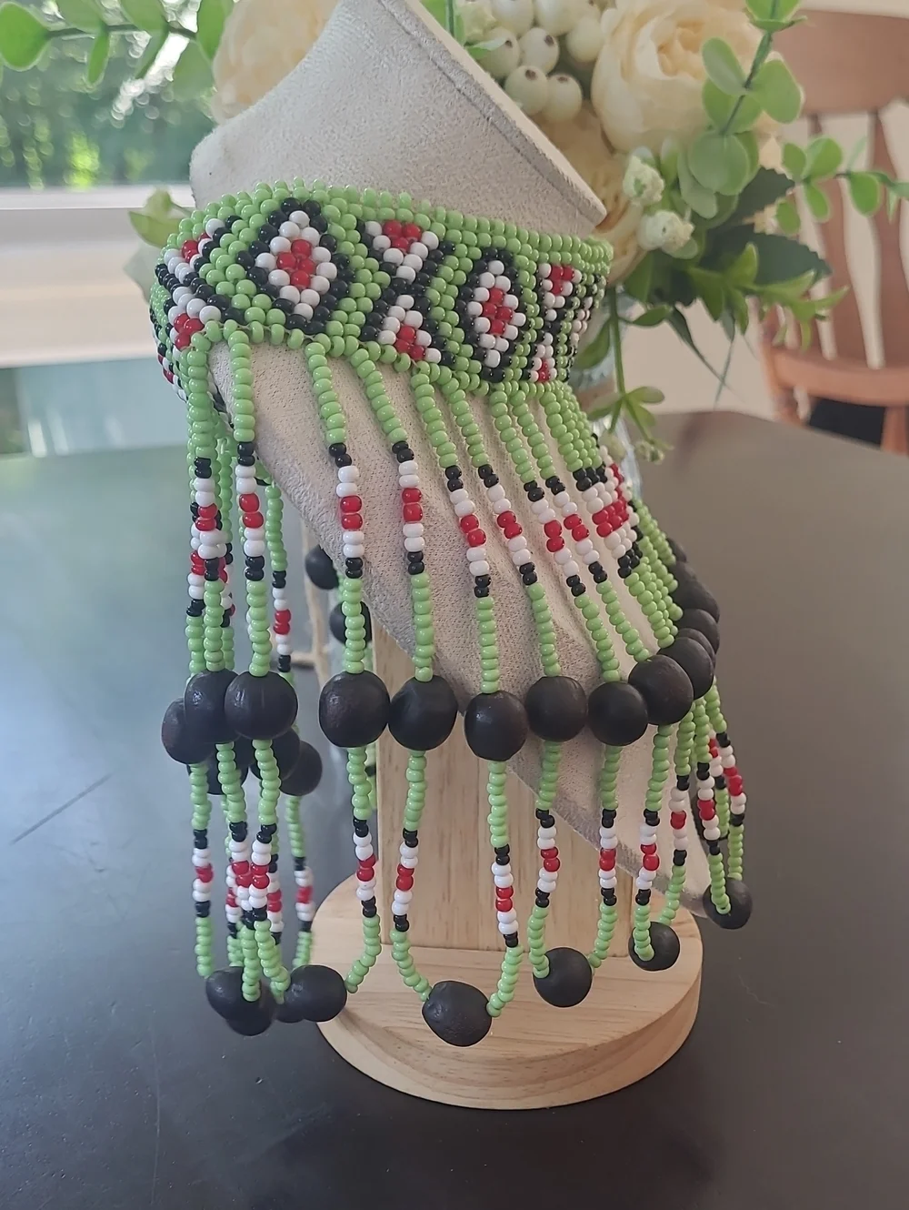 Ukrainian Beaded Sylyanka Fringe Collar Necklace Green Geometric
